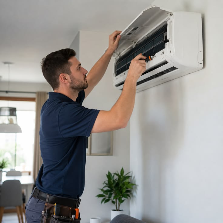 Technician in uniform servicing a wall air-conditioning unit