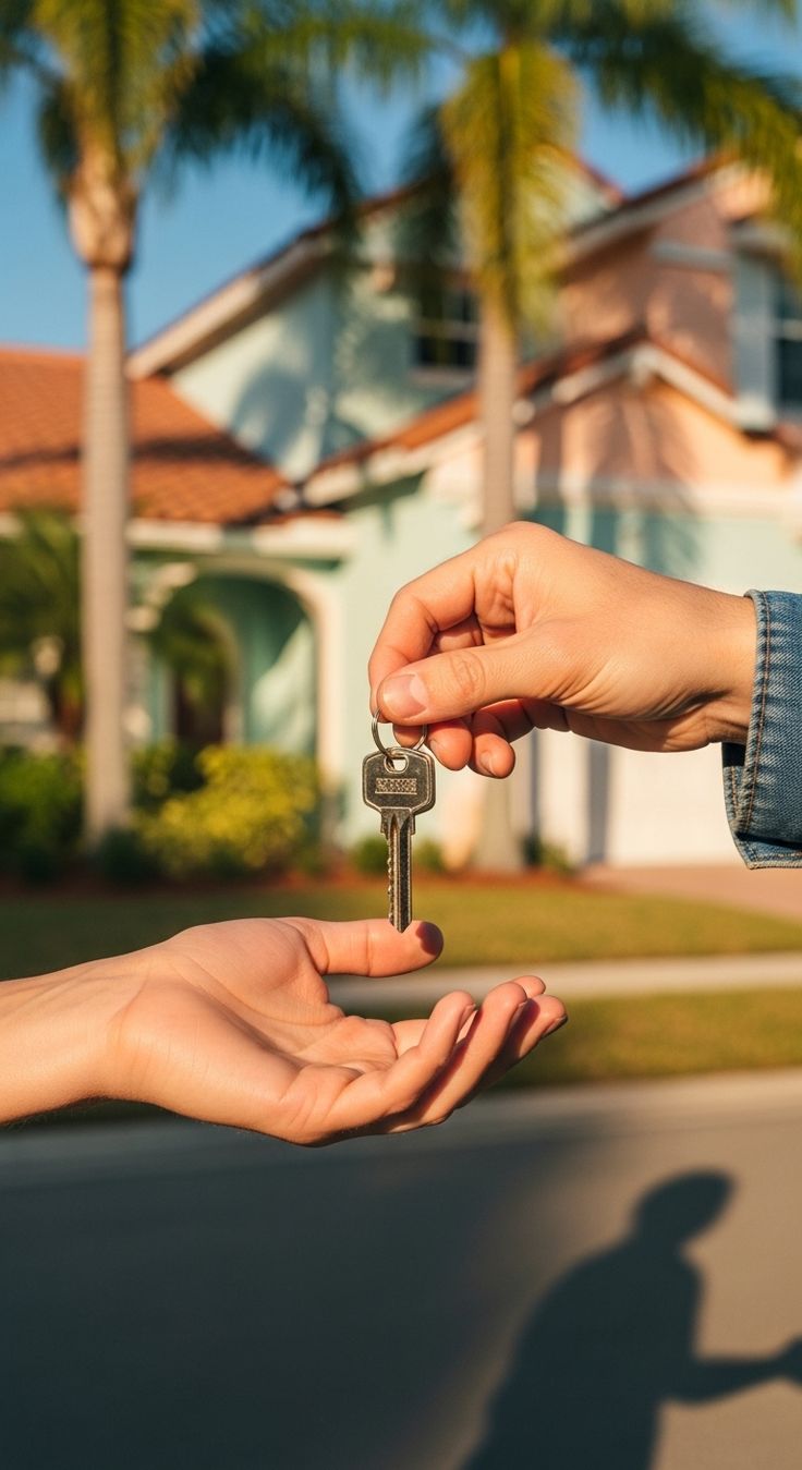 Hands passing house keys over a signed rental agreement