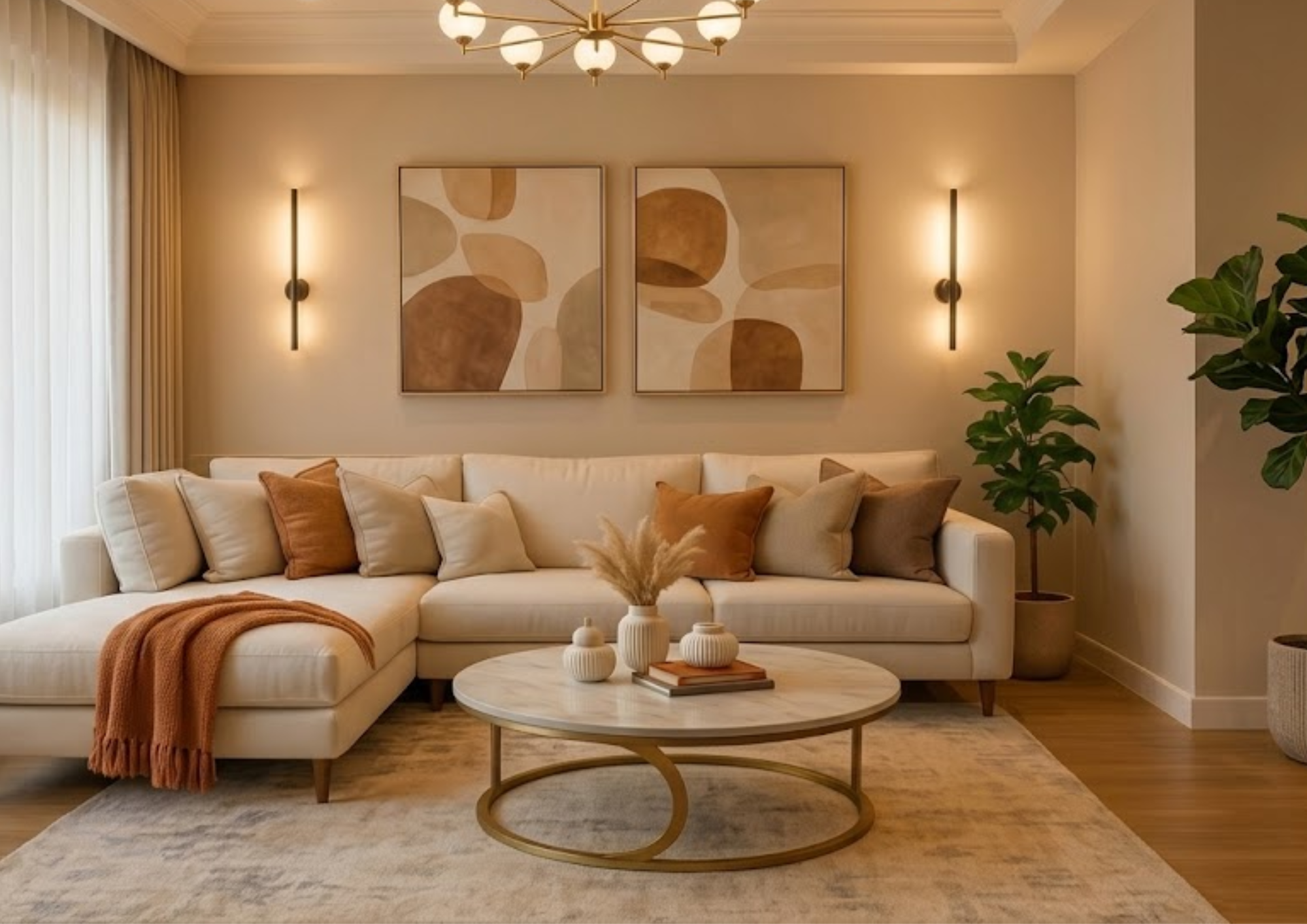 Warm, elegantly furnished living room interior at dusk